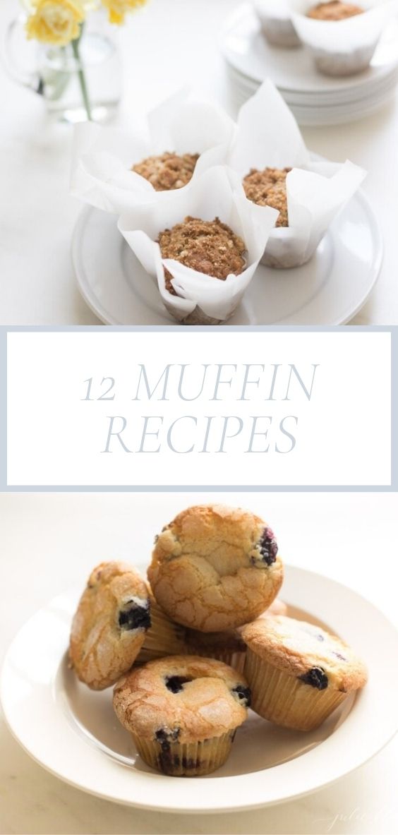 Title Page with two pictures. Top picture shows muffins on a plate with baking paper around them and the bottom picture shows blueberry muffins stacked on a plate.