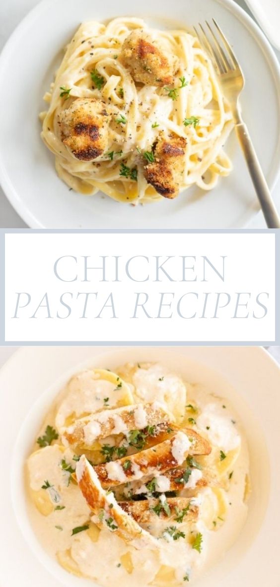 Title page showing two round white bowls of chicken pastas on a marble counter top.