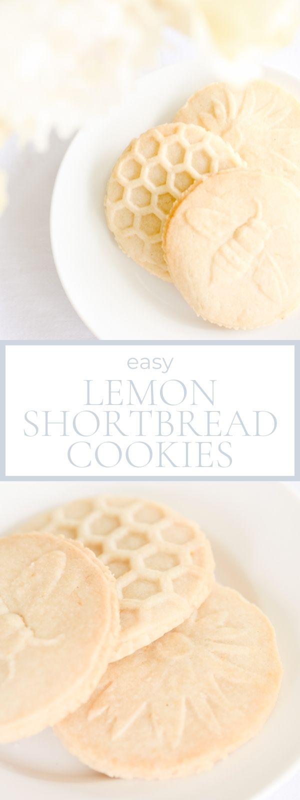 lemon shortbread cookies with Bees and flowers are on a round white plate on top of a marble counter.