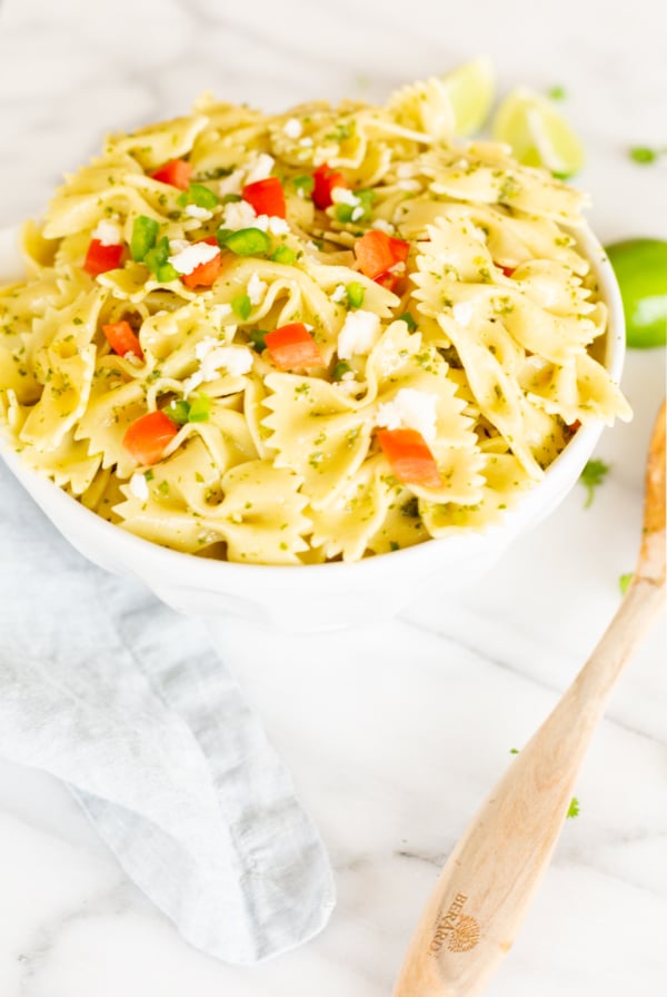 mexican pasta salad in a white bowl