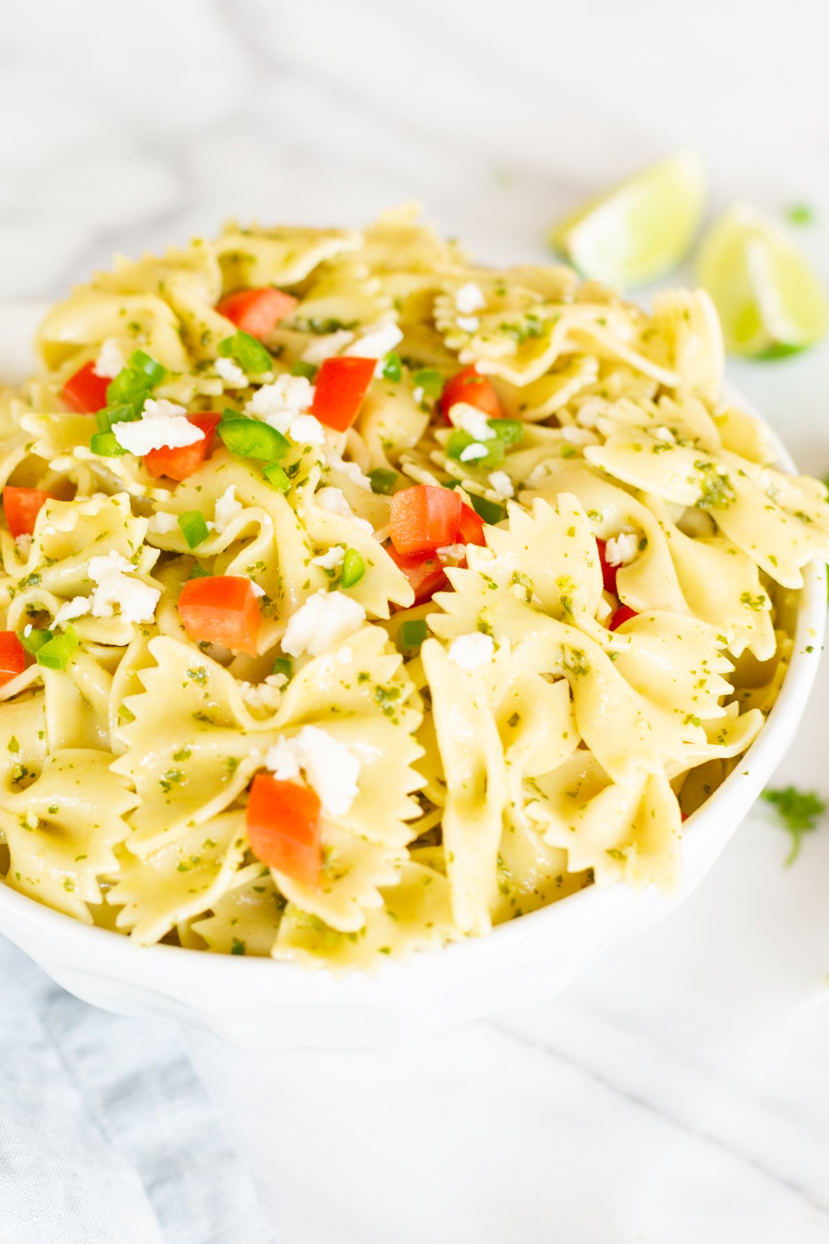 pasta salad in white dish