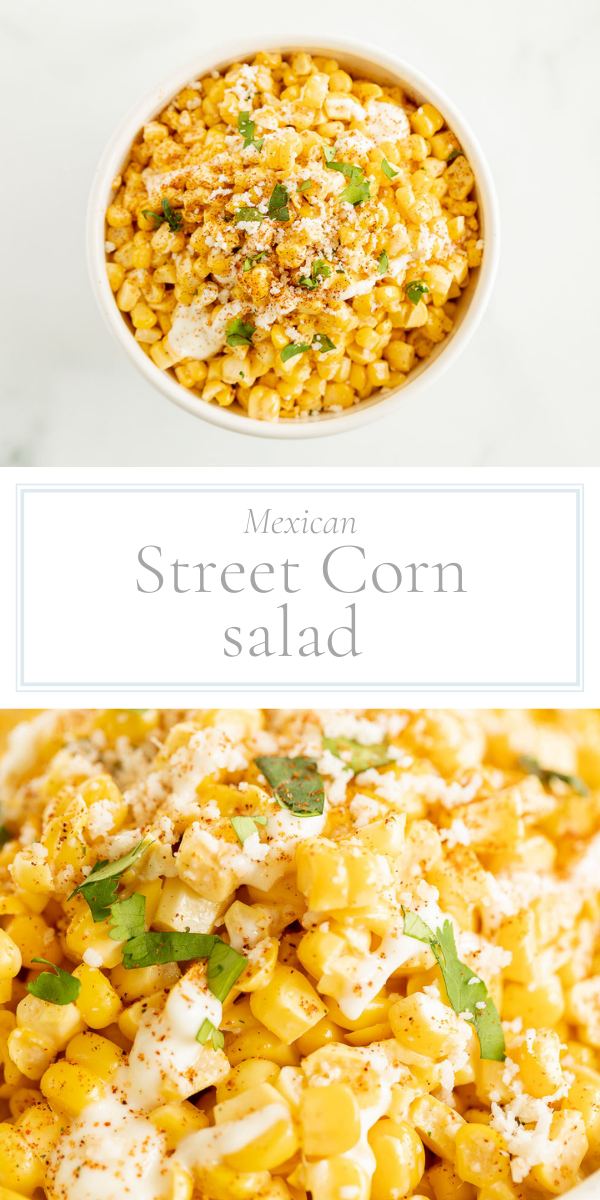 Top photo is a overhead view of a white bowl of corn salad. Bottom photo is a closeup of corn salad.