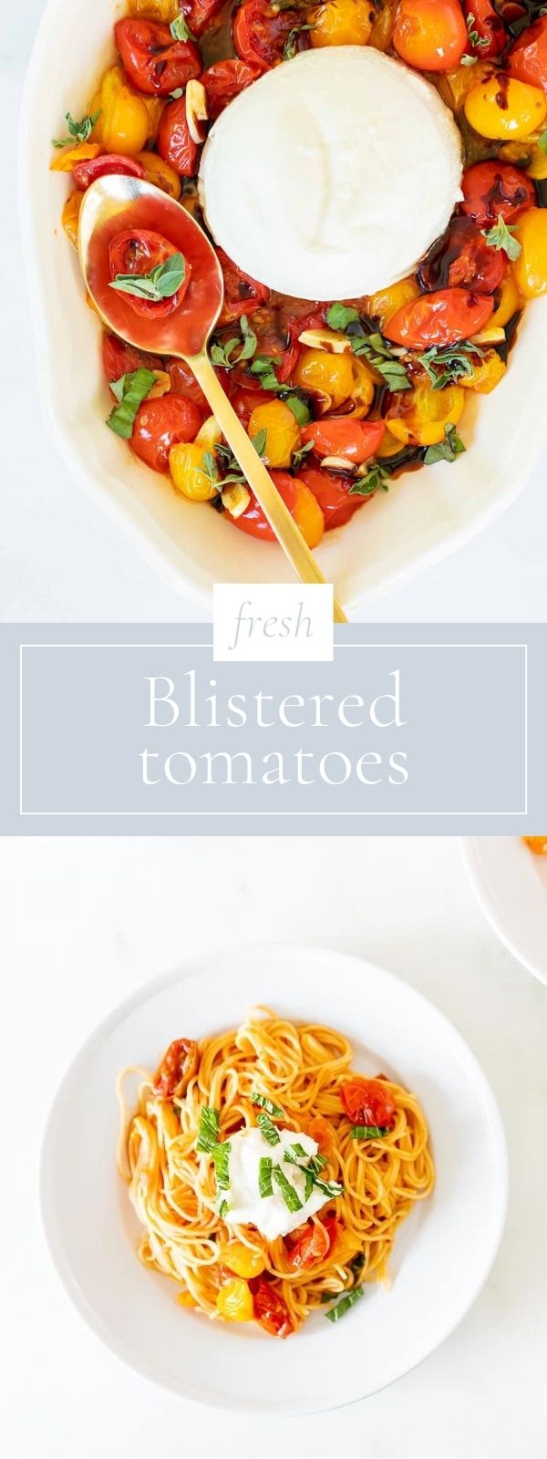 Blistered multicolor tomatoes in baking dish surrounding a white cheese ball. Gold spoon resting dish. Second photo of white plate with pasta topped with tomatoes and dollop of white cheese.