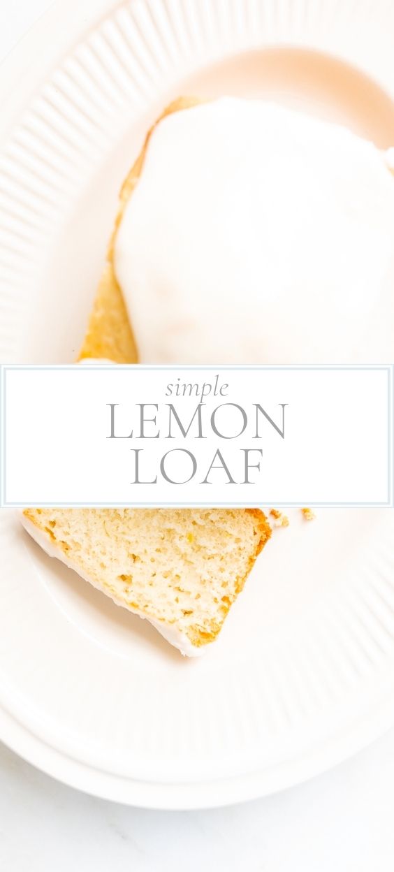 A frosted lemon loaf on a white platter, one slice cut.