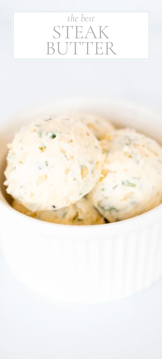 Scoops of herbed steak butter inside a white bowl.