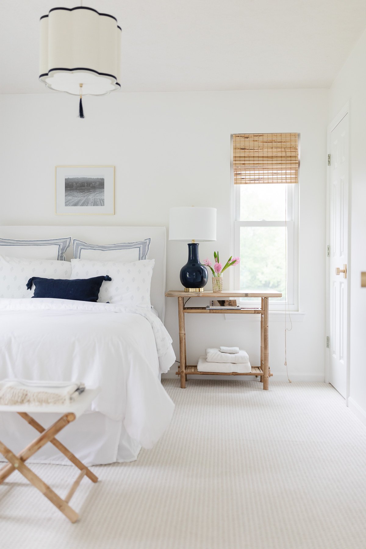 neutral bedroom with blue accents