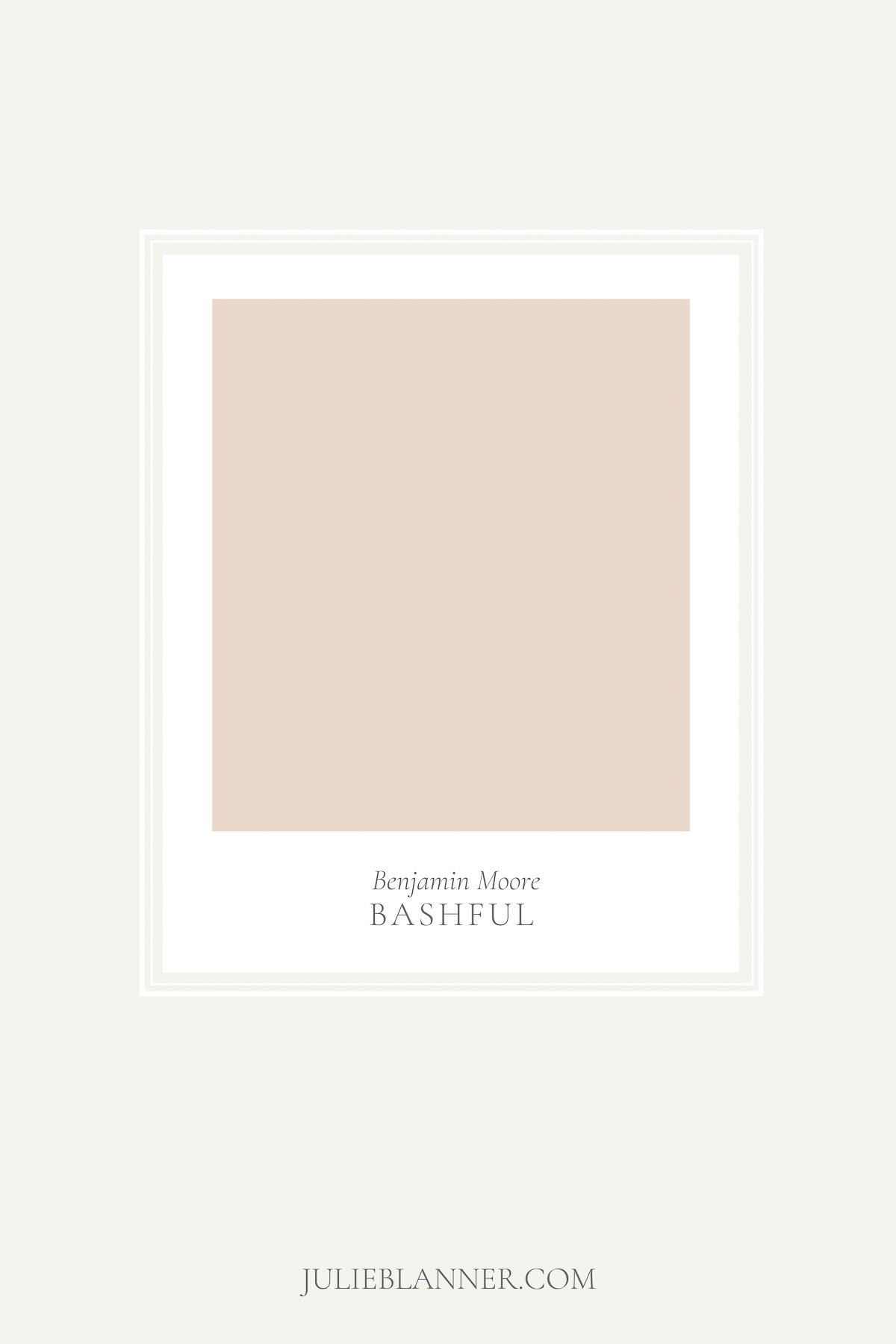 A paint sample card of Benjamin Moore Bashful, as part of a blush pink paint guide.