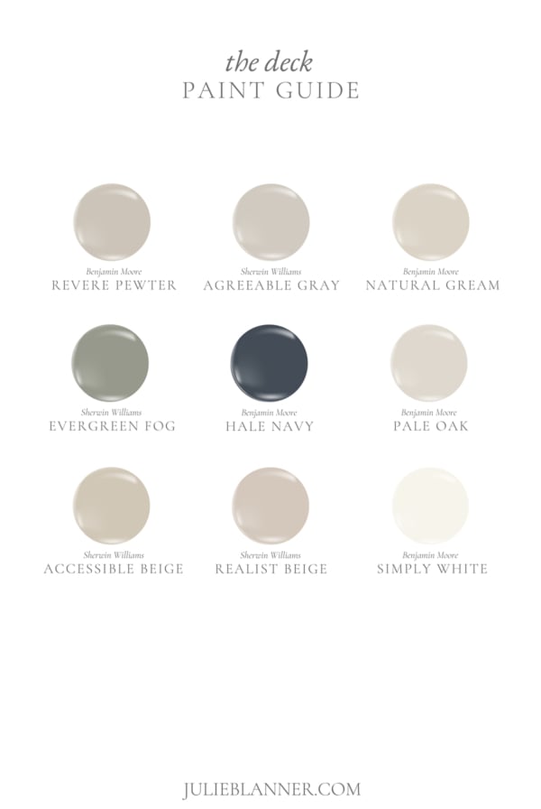 A graphic featuring 9 deck paint colors attributed to www.lifestylegleam.com