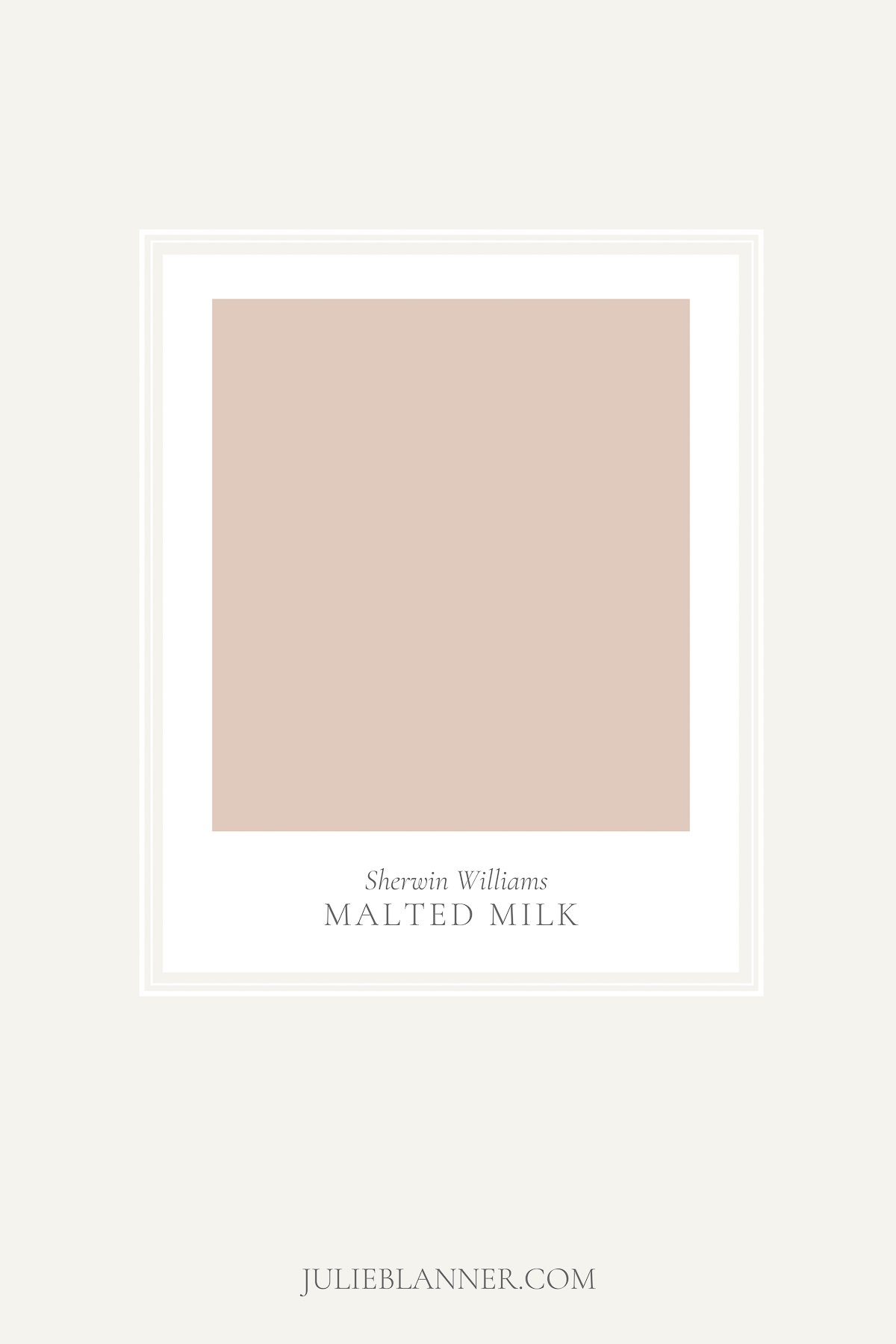 A paint swatch for Benjamin Moore Malted Milk, a blush pink paint color, shared at lifestylegleam.com