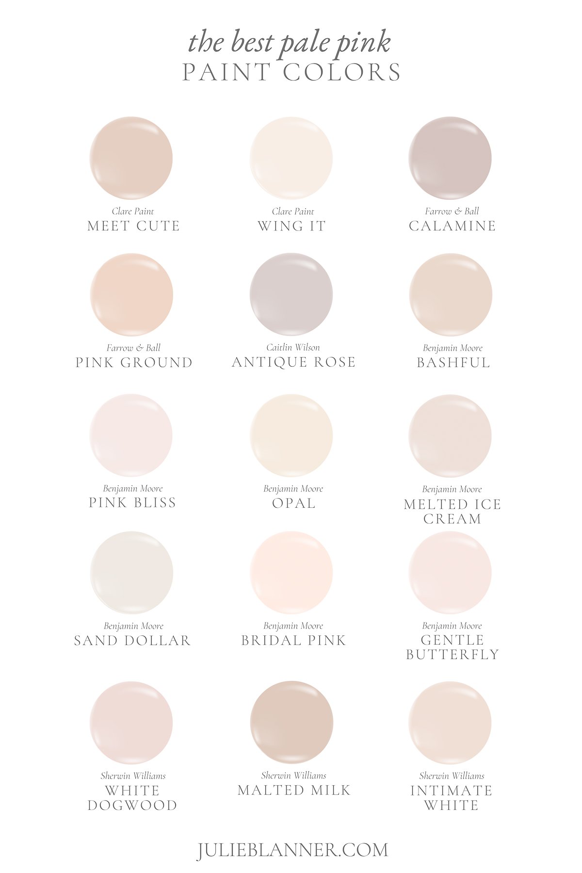 A blush pink paint color guide featuring 15 various pale pink paint colors from www.lifestylegleam.com