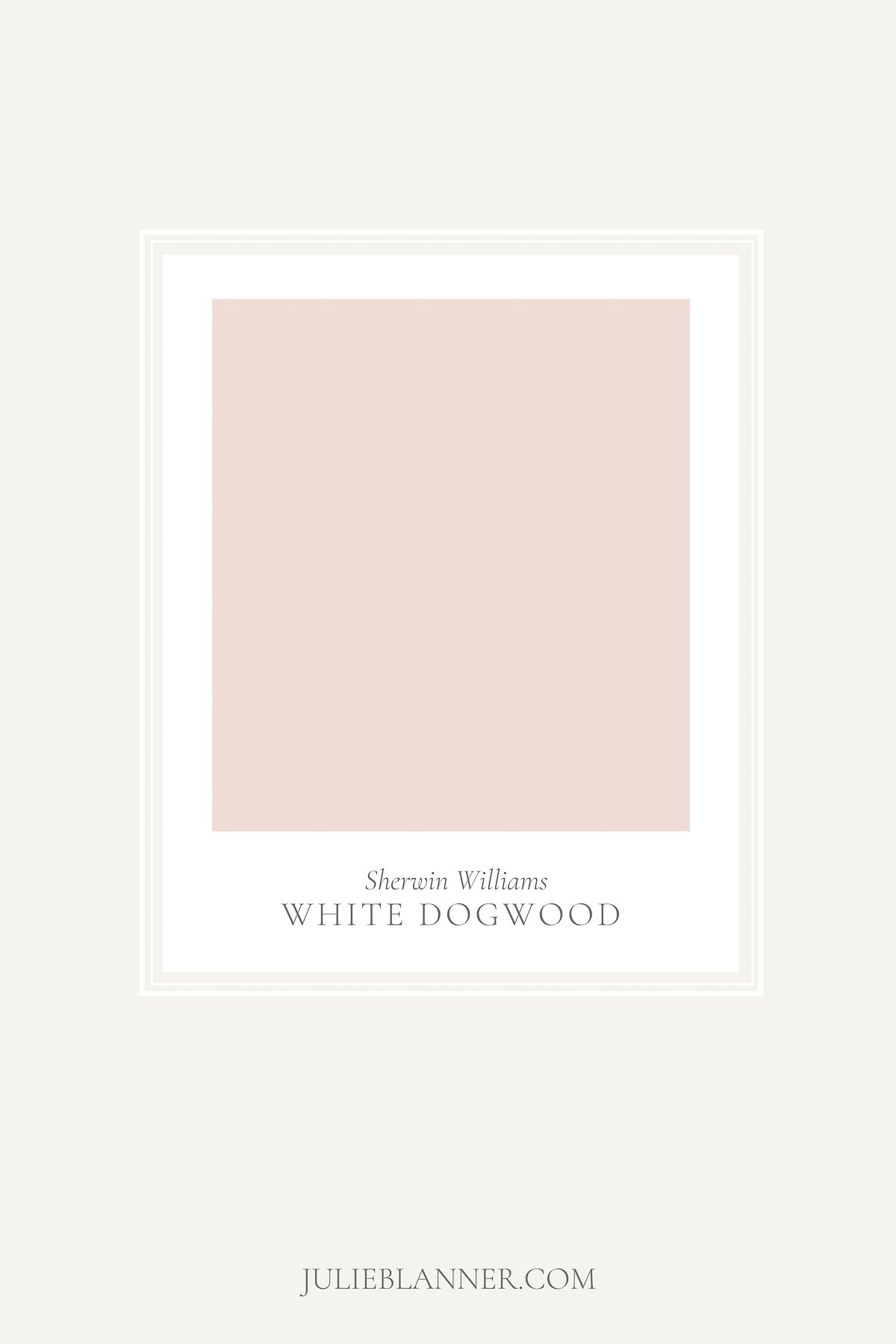 A paint sample card of Sherwin Williams White Dogwood, as part of a blush pink paint guide at lifestylegleam.com