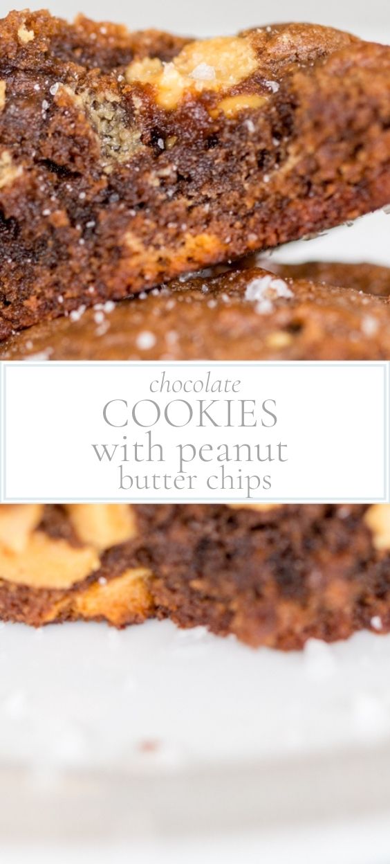 close up of two stacked chocolate chip cookies with peanut butter chips on a white plate