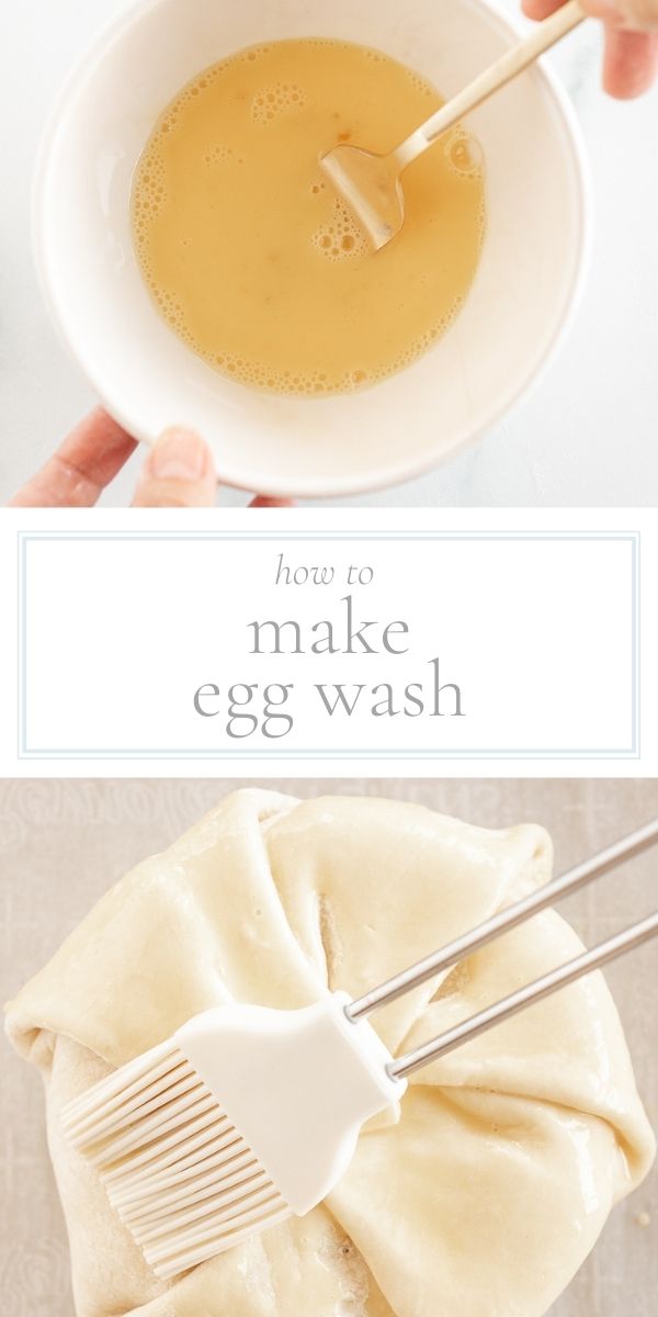 Top photo is egg wash in a white bowl. Lower photo is a pastry being brushed with egg wash.