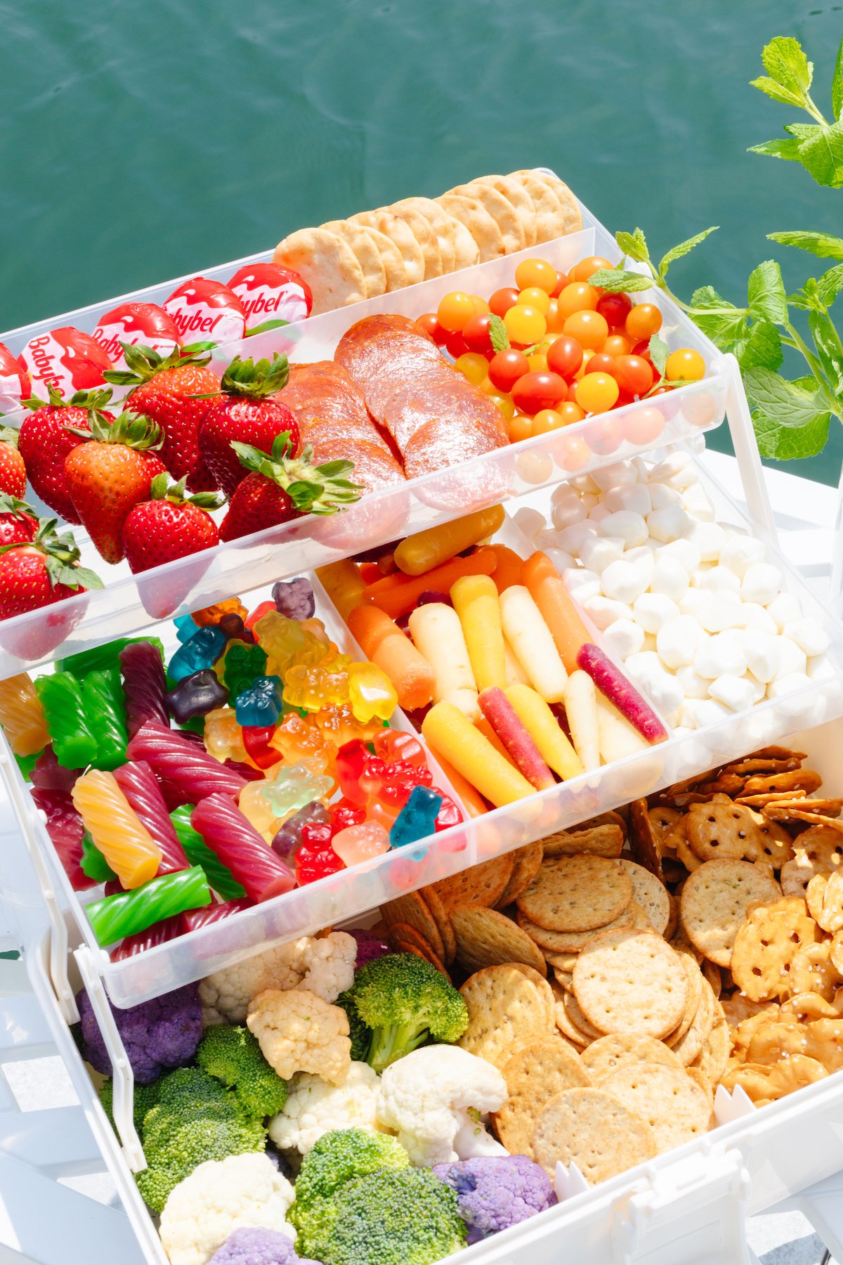 A tackle box charcuterie display on a white table with water in the background.