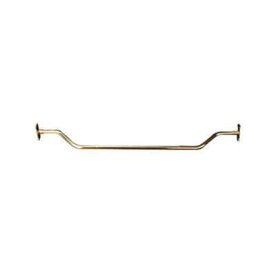 A brass shower curtain rod against a white background