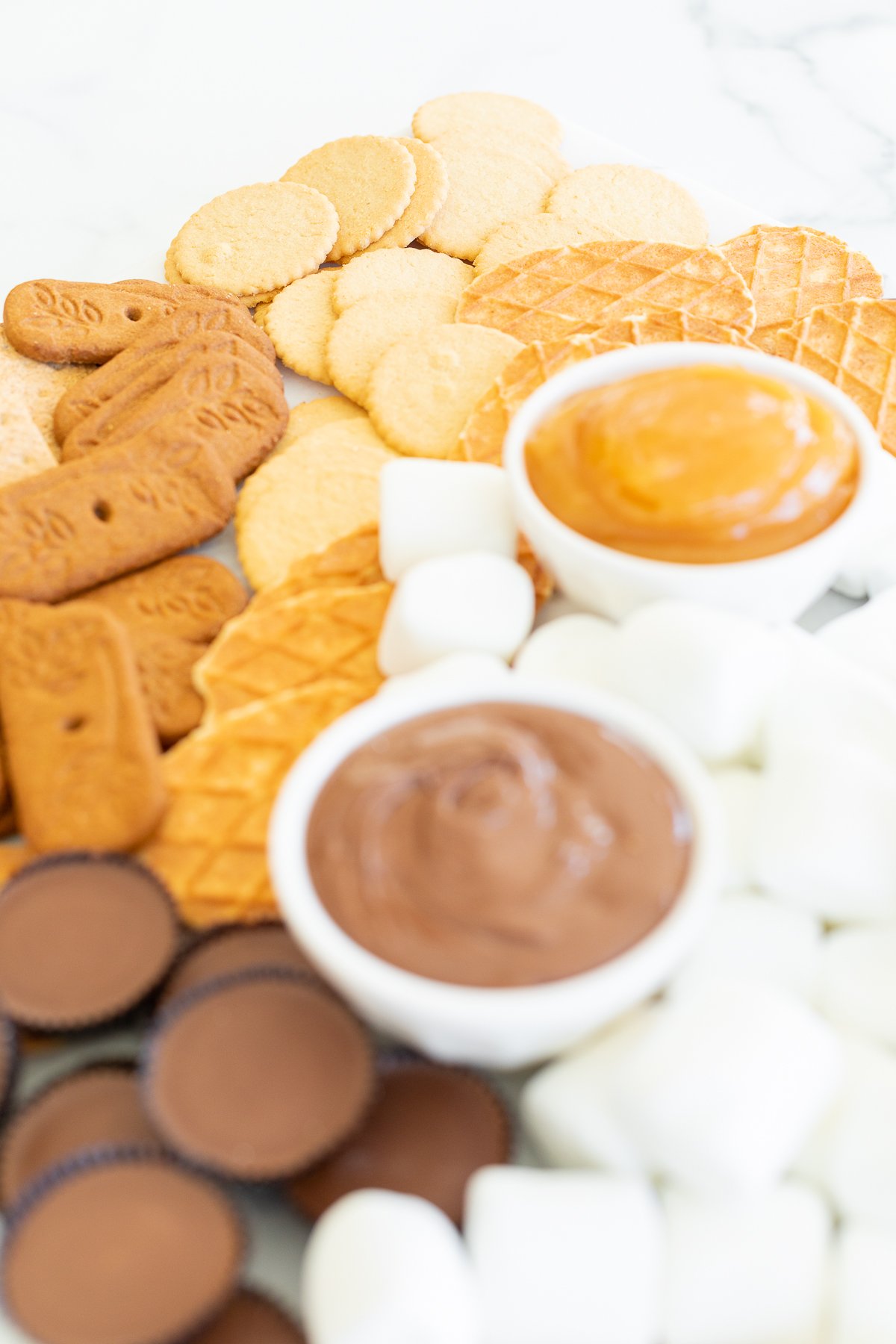 A s'mores charcuterie board filled with various marshmallows, cookies, crackers and dessert spreads.