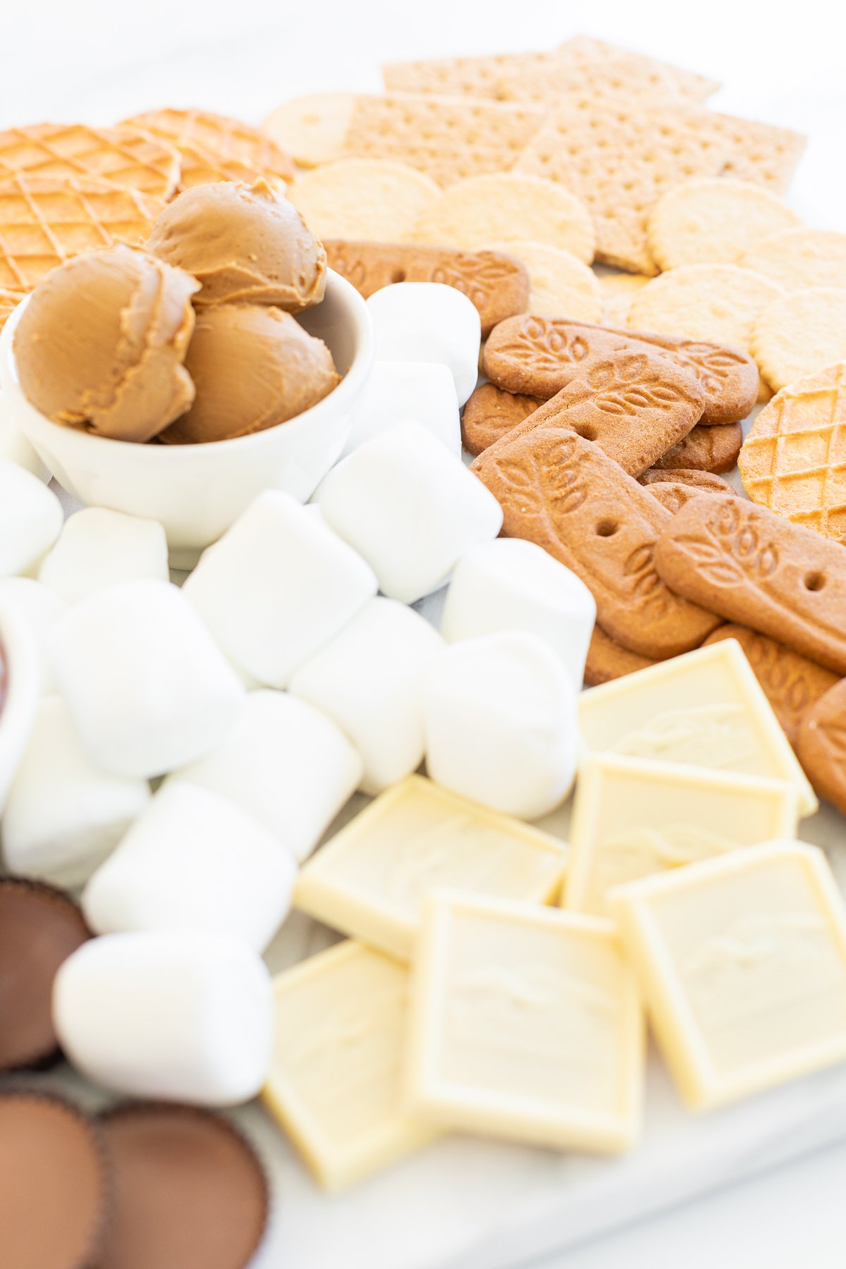 A s'mores charcuterie board filled with various marshmallows, cookies, crackers and dessert spreads.