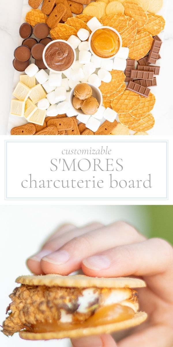 Top photo is a charcuterie board of marshmallows, cookies, chocolate. Bottom photo is a side view of a smore.