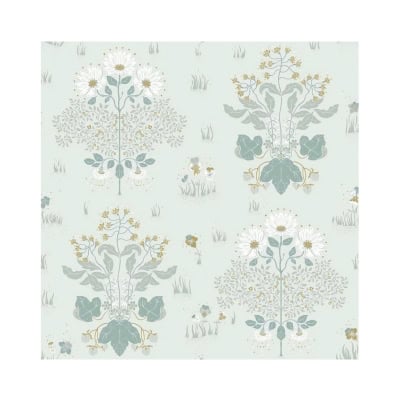 A wallpaper design featuring symmetrical floral and leafy patterns in pale green, white, and gold on a light green background, reminiscent of Amazon Wallpaper.