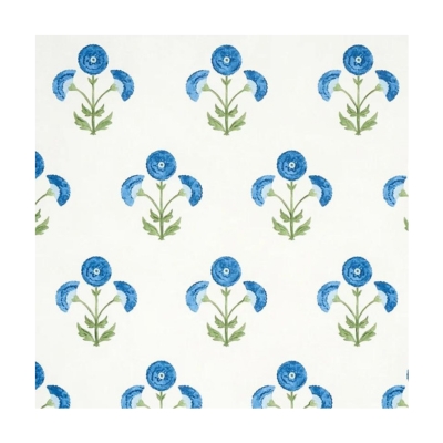 a blue and green floral block print wallpaper from Schumacher.