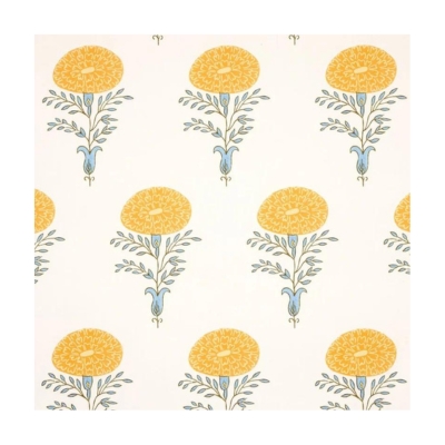 A yellow and blue block print wallpaper from Schumacher.