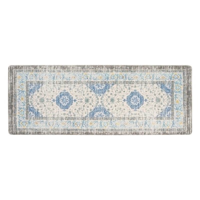 A decorative rug with an ornate design in grey and blue.