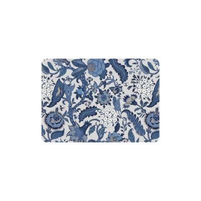 A blue and white floral placemat on a white background for kitchen use.