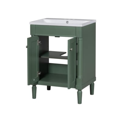 A green bathroom vanity