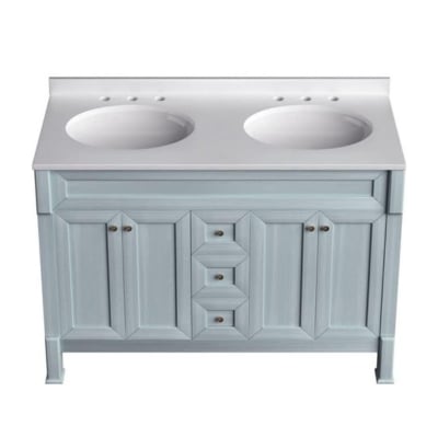 a blue bathroom vanity with white countertop