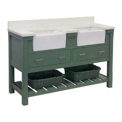 a green bathroom vanity