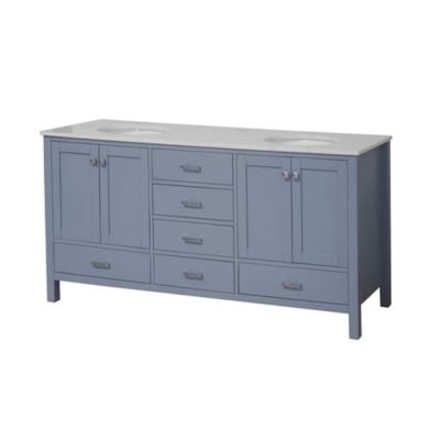 a blue bathroom vanity with white countertop
