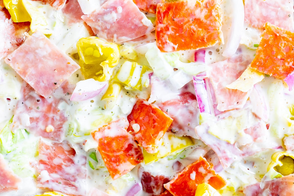 A close up of an Italian grinder salad recipe