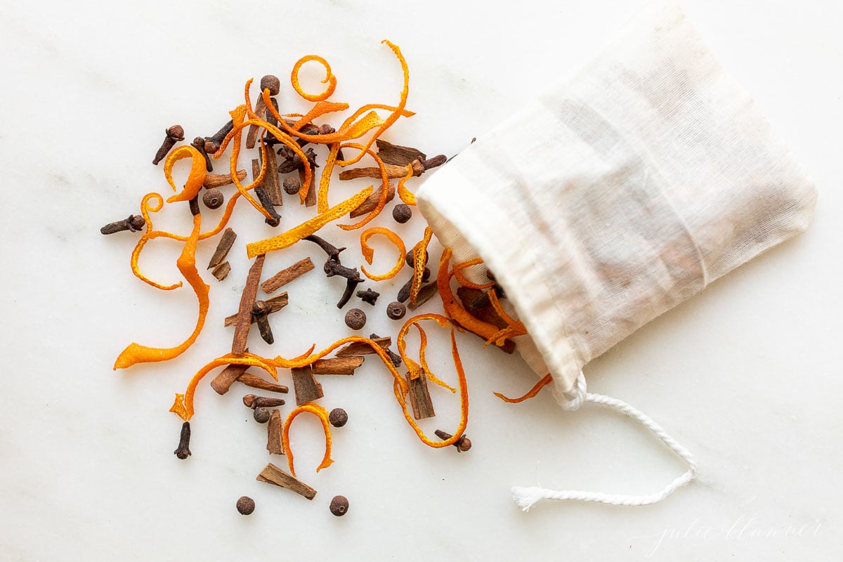 A tea bag filled with mulling spices