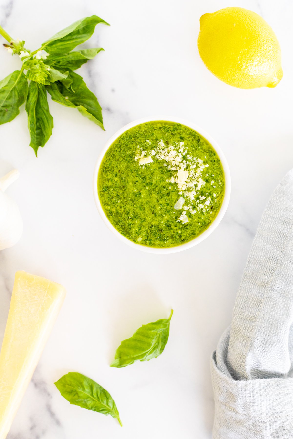 A bowl of lemon and garlic-infused nut-free pesto.