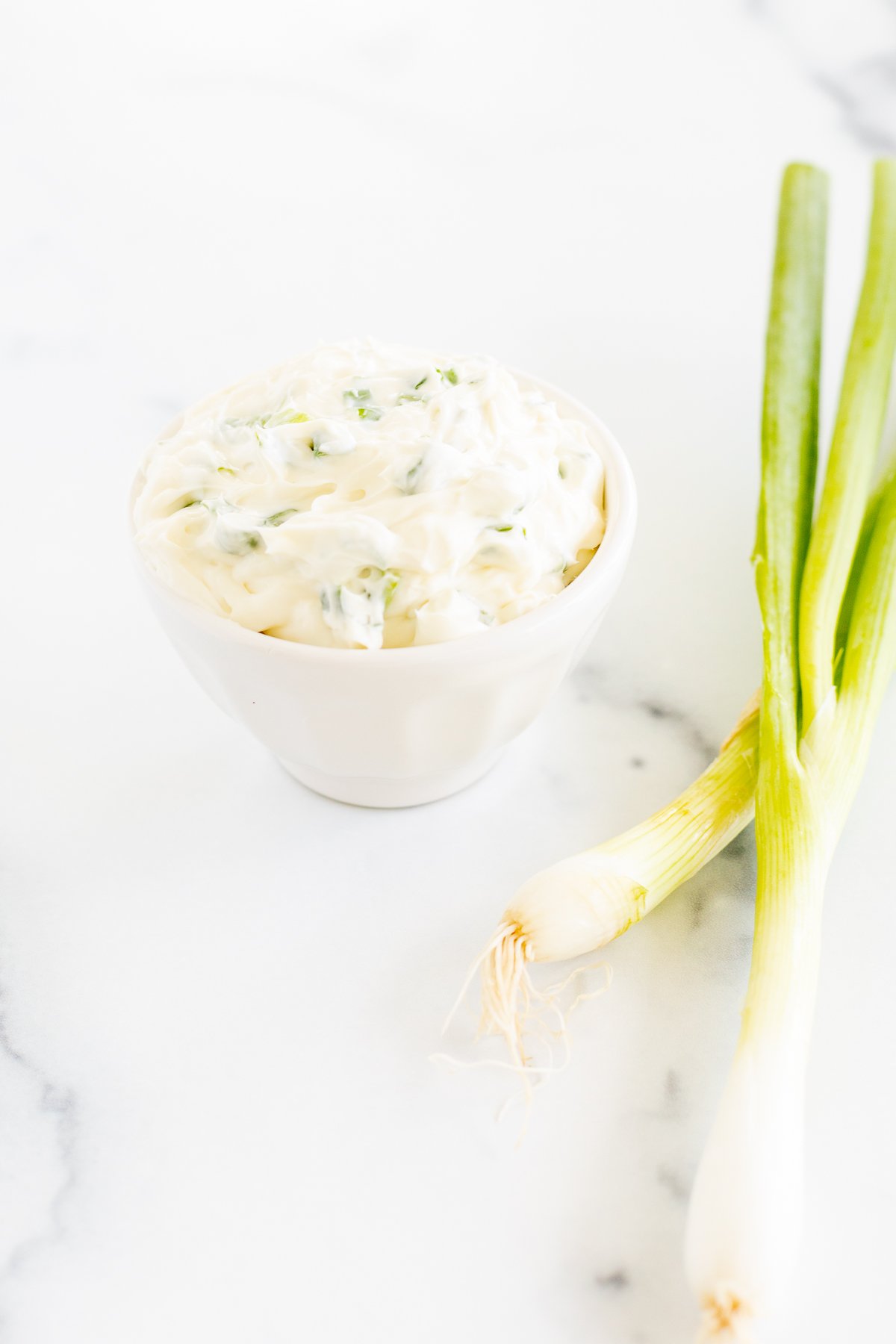 A white bowl scallion cream cheese.