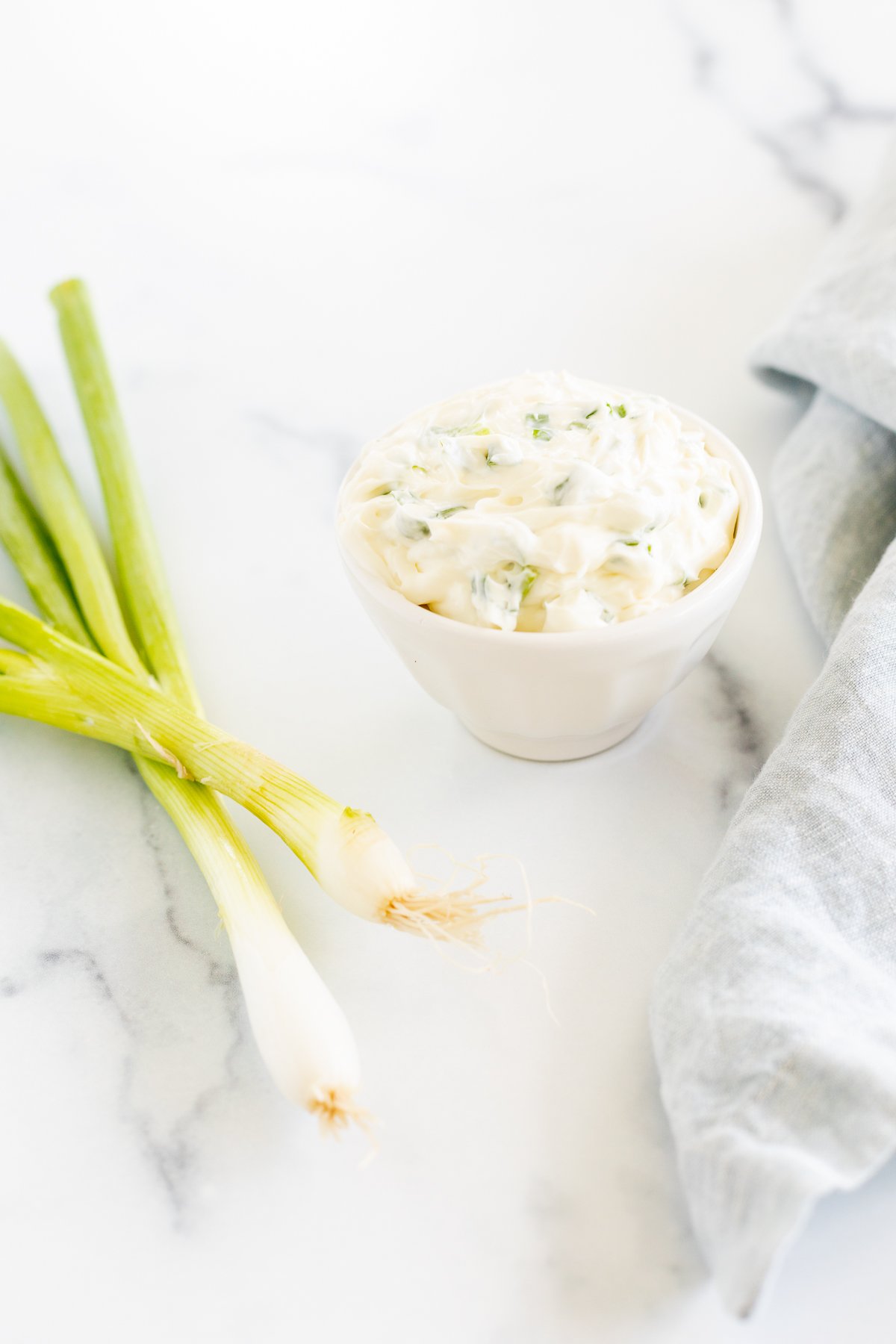 A white bowl scallion cream cheese.