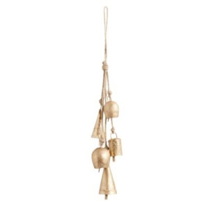 A hanging cluster of assorted brass bells and cone-shaped ornaments attached to a looped rope.