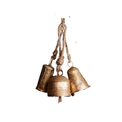 Three brass bells hanging from a rope.