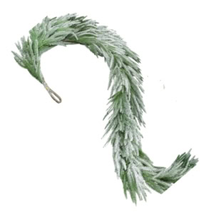A frosted norfolk pine garland with green needles and a loop at one end, arranged in a curved shape on a white background.