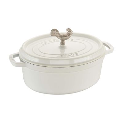 A white casserole dish with a rooster on it, perfect as a kitchen gift.