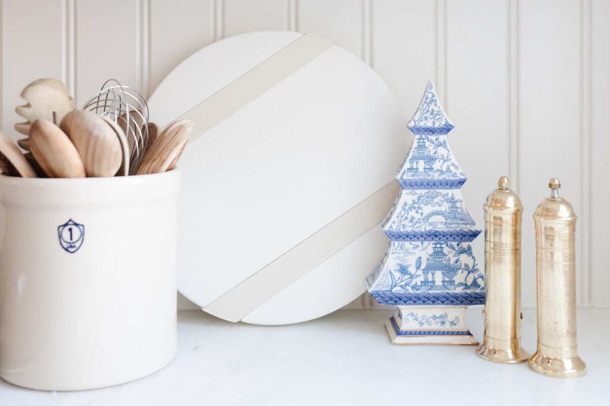 Blue and white kitchen gifts on a counter.