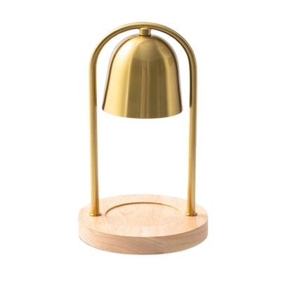 A brass table lamp on a wooden base.