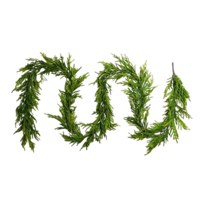 A green norfolk pine garland on a white background.