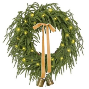 A green norfolk pine garland Christmas wreath with small yellow lights, a gold ribbon tied in a bow, and two gold bells hanging from the bottom.