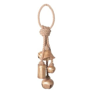A cluster of brass bells in various shapes hangs from a knotted rope loop.