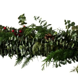 A eucalyptus garland featuring lush green foliage, vibrant red berries, and pinecones creates a festive touch against a crisp white background.