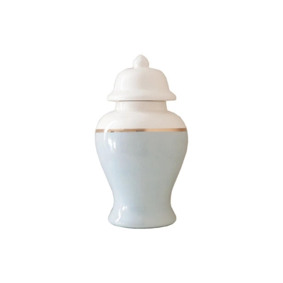 A light blue urn with a gold lid.