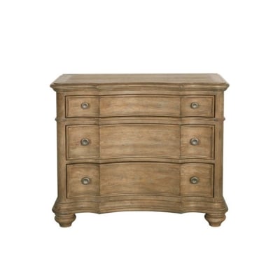 A curved wooden chest of drawers on a white background.