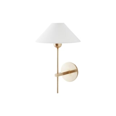A brass bathroom sconce.