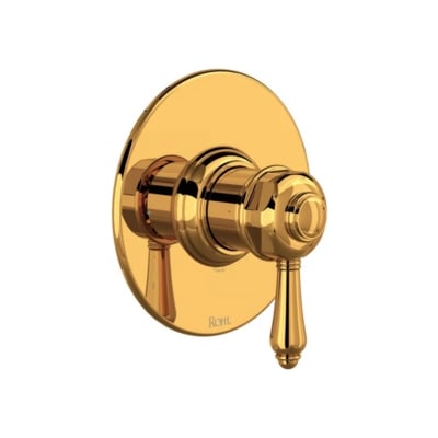 A brass shower faucet with a gold finish.